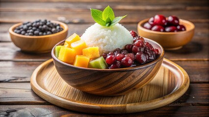 Traditional Korean-style shaved ice dessert with sweetened red bean, mochi, and fruit, served in a ornate wooden bowl.