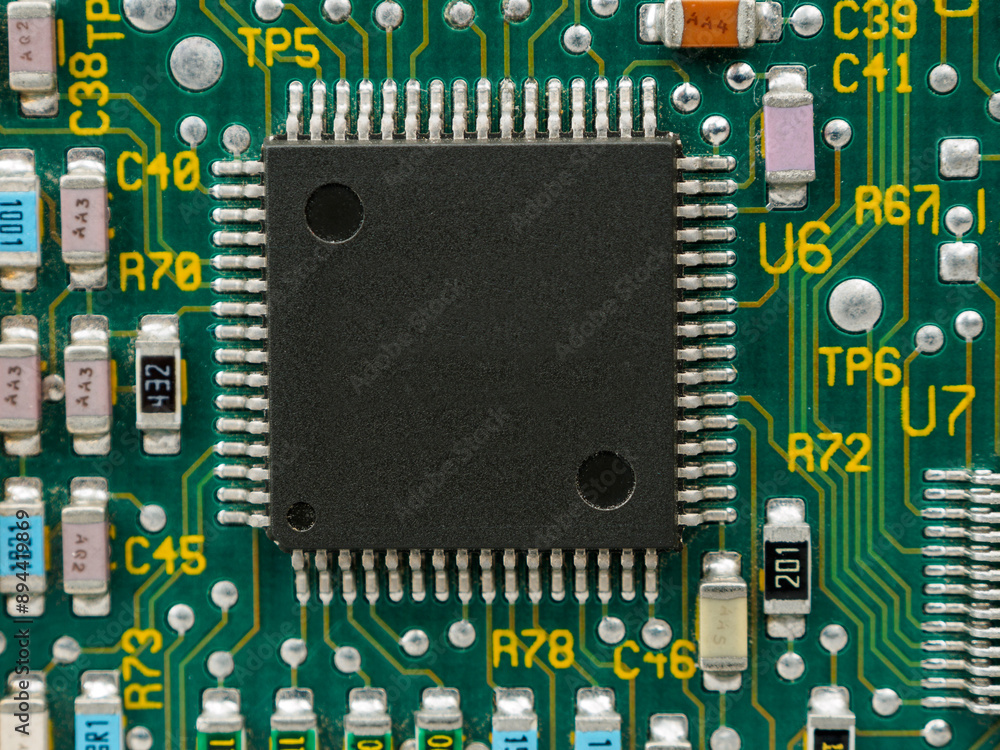 Poster close-up of microcircuits and components: chips, diodes and capacitors on a printed circuit board, r