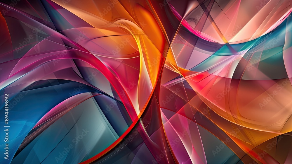 Poster a modern abstract background with a blend of sharp angles and soft curves in vibrant colors