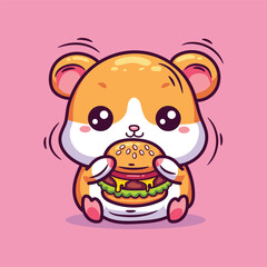 Cute hamster eating hamburger. Vector cartoon character illustration.
