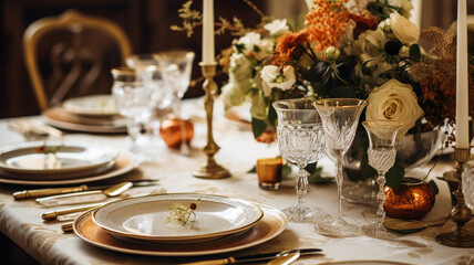 Autumn holiday tablescape, formal dinner table setting, table scape with elegant autumnal floral decor for wedding party and event decoration idea