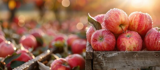 Freshly Harvested Red Apples in Wooden Crate with Morning Dew in Orchard at Sunrise