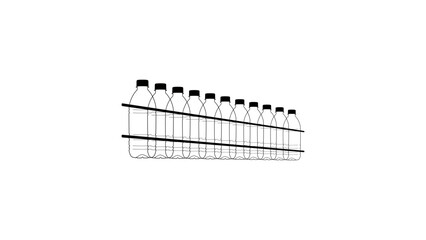 Plastic water bottles on conveyor, black isolated silhouette