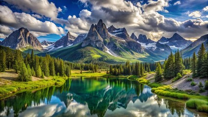 Fototapeta premium Majestic mountain range landscape showcases rugged peaks, verdant valleys, and serene lakes under a vibrant blue sky with wispy clouds.