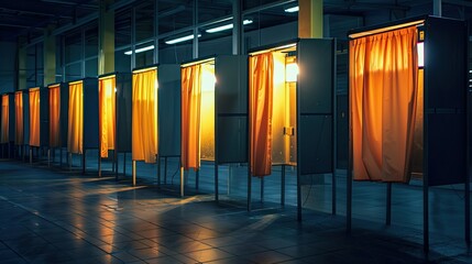 A row of voting booths with privacy curtains, illuminated by bright lights, ready for voters