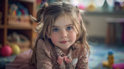 A young girl with long blonde hair is sitting on the floor in a room with a lot