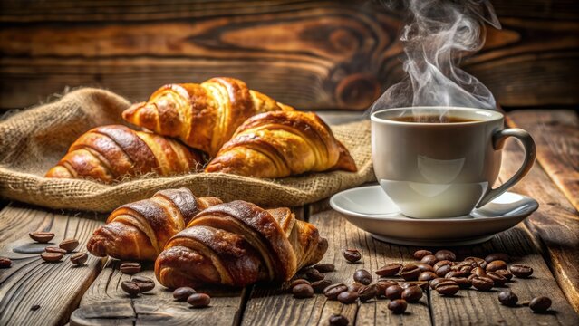 Warm morning ambiance with an inviting arrangement of flaky, golden croissants and a steaming cup of coffee on a rustic wooden table.