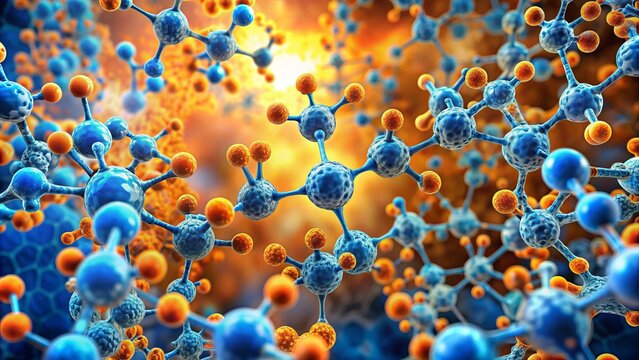 Vibrant orange and blue microscopic view of antioxidant molecules capturing and neutralizing free radicals in a cellular environment.