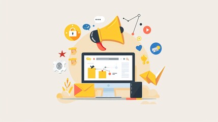 Minimalist soft-toned design with essential marketing equipment and a laptop screen, focusing on unique online advertising methods