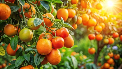 Ripe oranges hang from a lush green branch surrounded by fresh tomatoes and leafy plants in a vibrant summer garden scene.