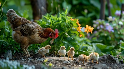 Fototapeta premium A hen feeding chicks in a garden