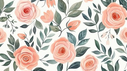 Spring Floral Seamless Pattern - Hand Drawn Roses, Leaves for Wallpaper and Fabric