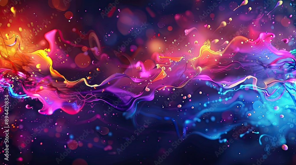 Poster a vibrant abstract background with splashes of neon colors and a sense of movement