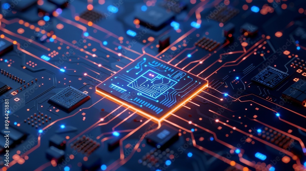 Poster a detailed view of an illuminated circuit board showcasing a central microchip with glowing connecti