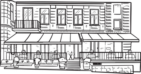 Architecture building of cafe line drawing isolated on white background.