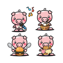 Set of cute cartoon pig characters with different food. Vector illustration.