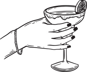 Woman's hand holing the festive drink line drawing isolated on white background.