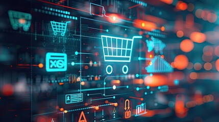 Fototapeta premium An abstract background featuring icons related to online business, such as shopping carts, charts, and digital devices