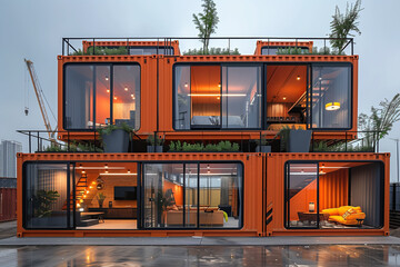 a modern modular home constructed from shipping containers, mobile, house, captivating, Shipping Container Tiny Home, steel containers, supreme quality, superior lighting