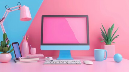 Minimalist soft-toned design with essential marketing equipment and a laptop screen, focusing on unique online advertising methods