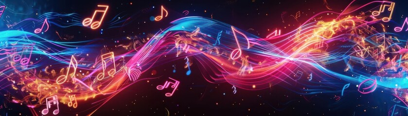 Fototapeta premium 3dbackground, notes, vibrant soundwaves, neon, dynamic music energy