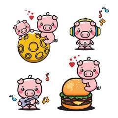 Set of cute cartoon pig characters with different emotions. Vector illustration.