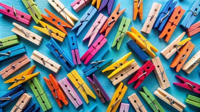 Vibrant wooden clothespins varying in size and color are scattered on a bright blue background, adding a pop of whimsy.