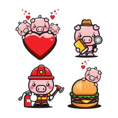 Cute cartoon pig in love set. Vector illustration for your design