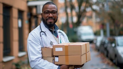 Doctor with boxes smiling in a street setting
