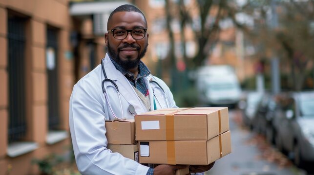 Doctor with boxes smiling in a street setting