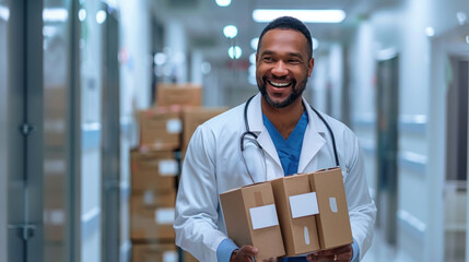 Cheerful doctor holds packages in a busy hospital hall