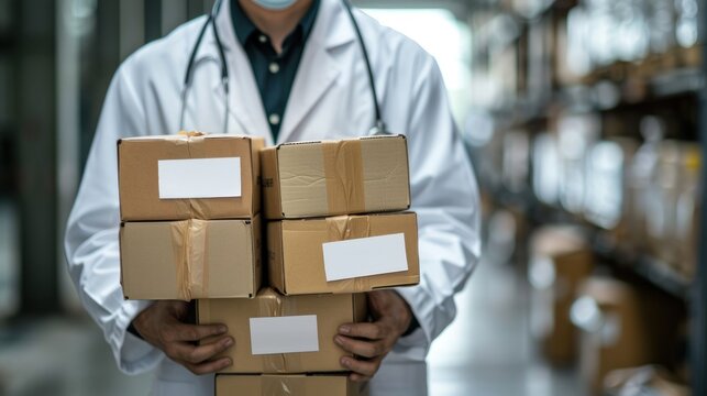 Medical professional with boxes in a storage area