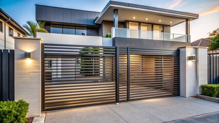 Sleek metallic gate with horizontal bars and modern design elements stands proudly in front of a contemporary suburban house fa?ade.
