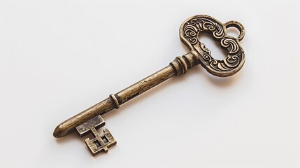 A beautifully crafted vintage key made of brass with elaborate engravings along its shaft and bow placed on a clean white backdrop The key's aged patina contrasts 