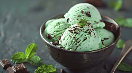 Mint ice cream with chocolate pieces served