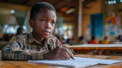 A young boy is sitting at a desk with a pen and a piece of paper
