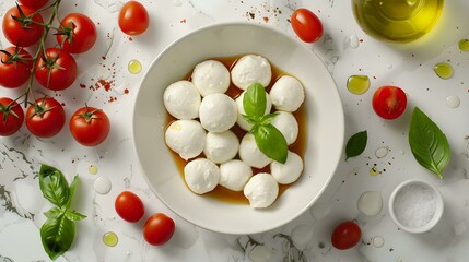 Mozzarella balls laid out in a white ceramic img