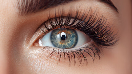 Obraz premium Female eye with long eyelashes close up copy space. Generative AI