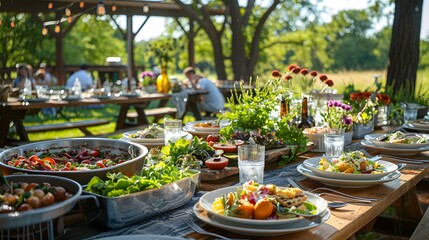 Lunch outdoors with long wooden tables laden