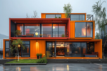 a modern modular home constructed from shipping containers, mobile, house, captivating, Shipping Container Tiny Home, steel containers, supreme quality, superior lighting