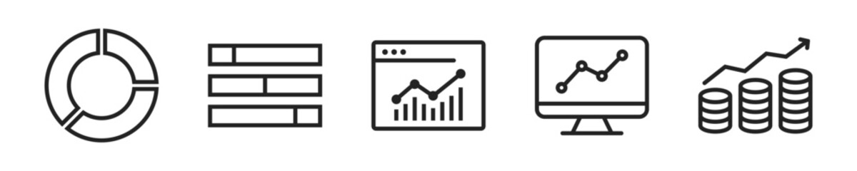 Data business icon set. Set of 5 outline icons related to data business, graph, management, document. Linear icon collection. Data business outline icons collection. Editable stroke.