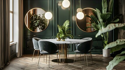 The dining area features a round marble table