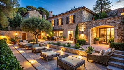 Fototapeta premium Ancient Mallorcan stone villa with rustic fa?ade, juxtaposed with sleek modern outdoor furniture and lighting, surrounded by lush garden oasis.