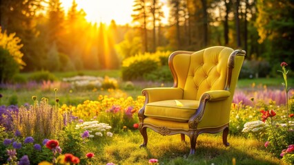Fototapeta premium Vibrant yellow velvet Joy Chair sits alone amidst blossoming flowers in a sunny park, basking in soft golden hour glow.
