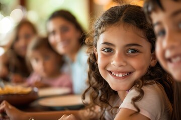 Happy children smiling at family gathering, warm tones