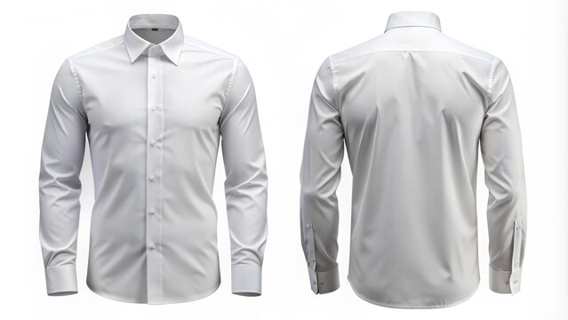 High-quality image of a crisp white men's dress shirt, front and back views isolated on a pure white background.