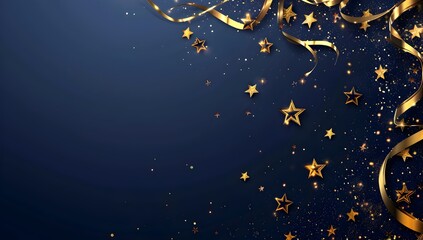 Fototapeta premium Dark blue background with golden stars and ribbons, a luxury elegant background for banner design, greeting card or invitation template. Vector illustration. Dark blue background with gold stars and r