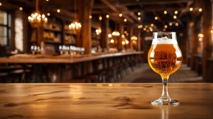 Golden craft beer in clear glass on wooden table with blurred background, a refreshing beverage