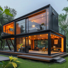 a modern modular home constructed from shipping containers, mobile, house, captivating, Shipping Container Tiny Home, steel containers, supreme quality, superior lighting