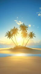 Sunset view of a small island with palm tree shadows